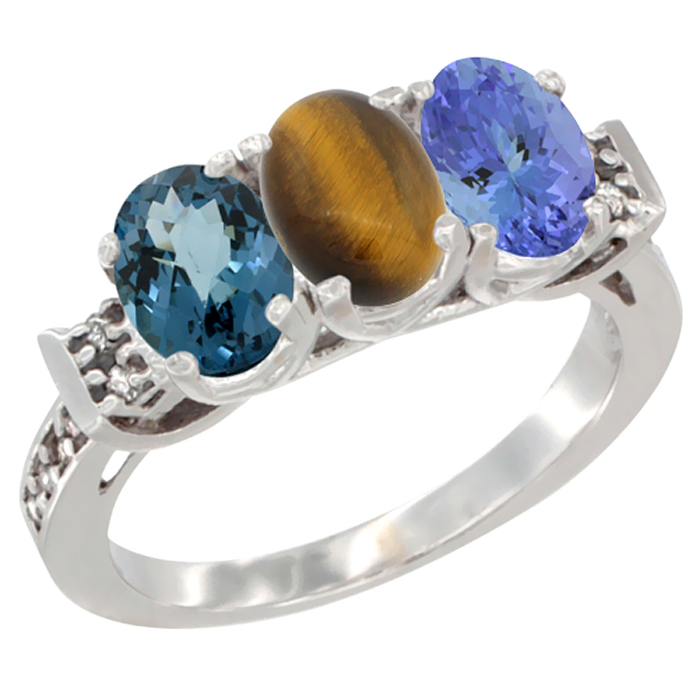 10K White Gold Natural London Blue Topaz, Tiger Eye &amp; Tanzanite Ring 3-Stone Oval 7x5 mm Diamond Accent, sizes 5 - 10