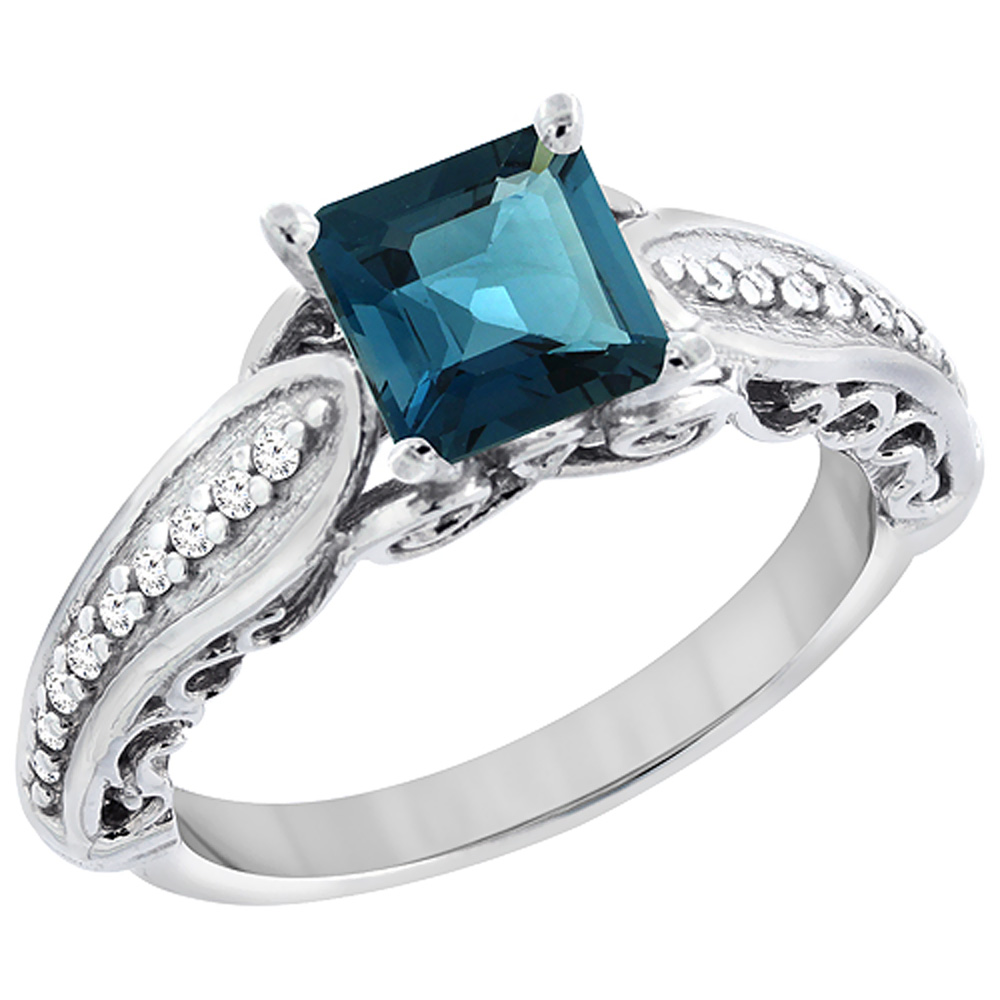 10K White Gold Natural London Blue Topaz Ring Square 8x8mm with Diamond Accents, sizes 5 - 10