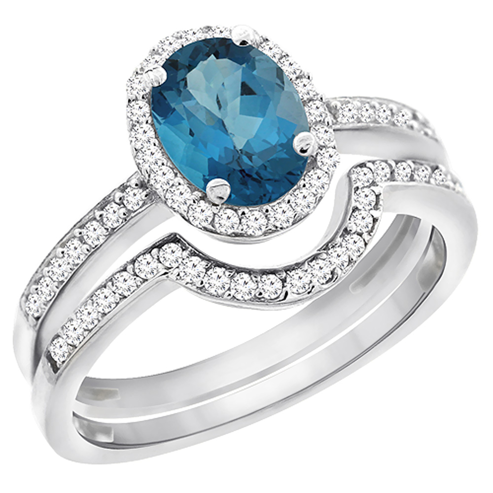 14K White Gold Diamond Natural London Blue Topaz 2-Pc. Engagement Ring Set Oval 8x6 mm, sizes 5 - 10