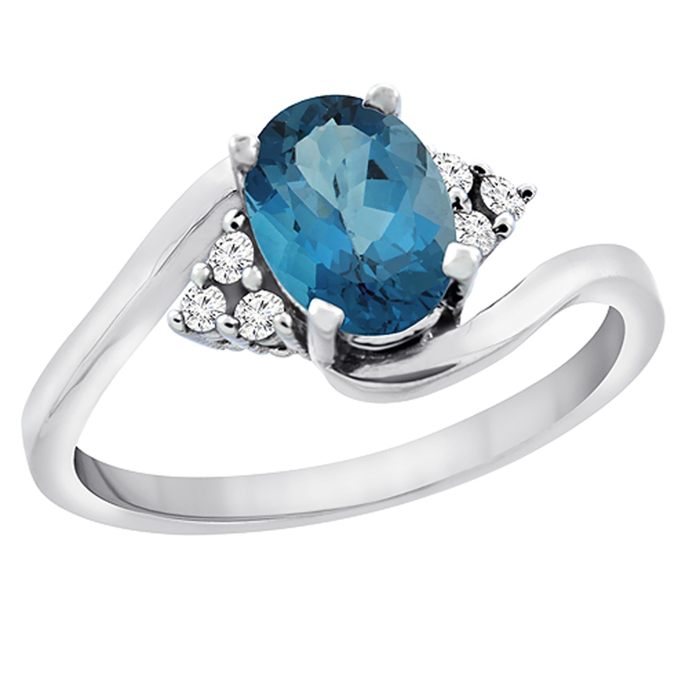 14K White Gold Diamond Natural London Blue Topaz Engagement Ring Oval 7x5mm, sizes 5 - 10