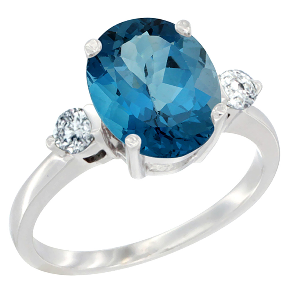 14K White Gold 10x8mm Oval Natural London Blue Topaz Ring for Women Diamond Side-stones sizes 5 - 10