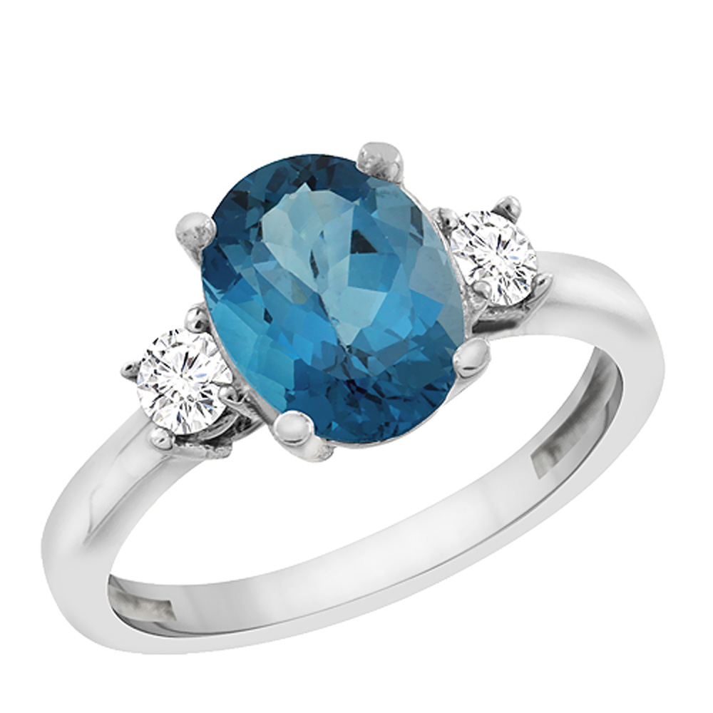 14K White Gold Natural London Blue Topaz Engagement Ring Oval 10x8 mm Diamond Sides, sizes 5 - 10