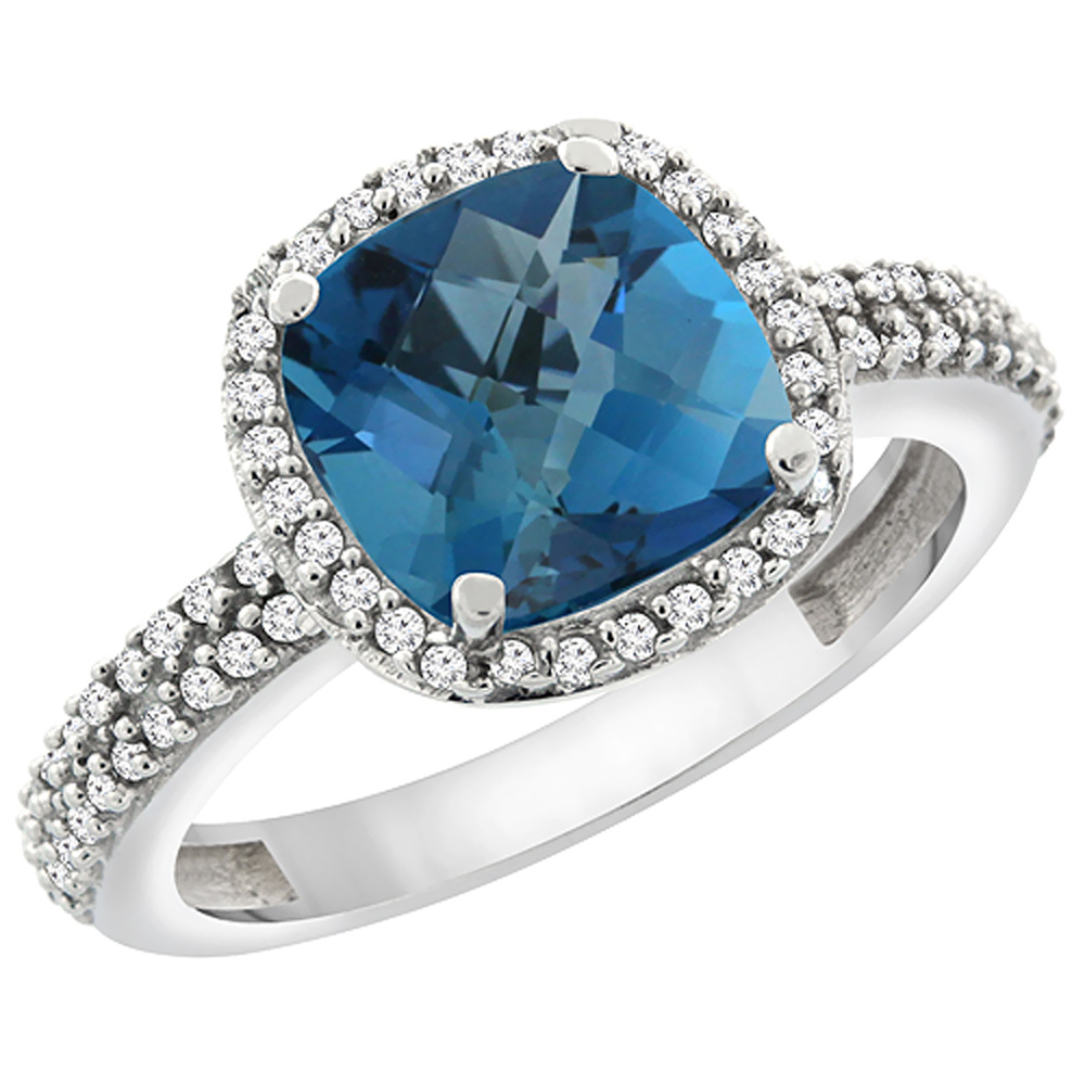10K White Gold Natural London Blue Topaz Cushion 8x8 mm with Diamond Accents, sizes 5 - 10
