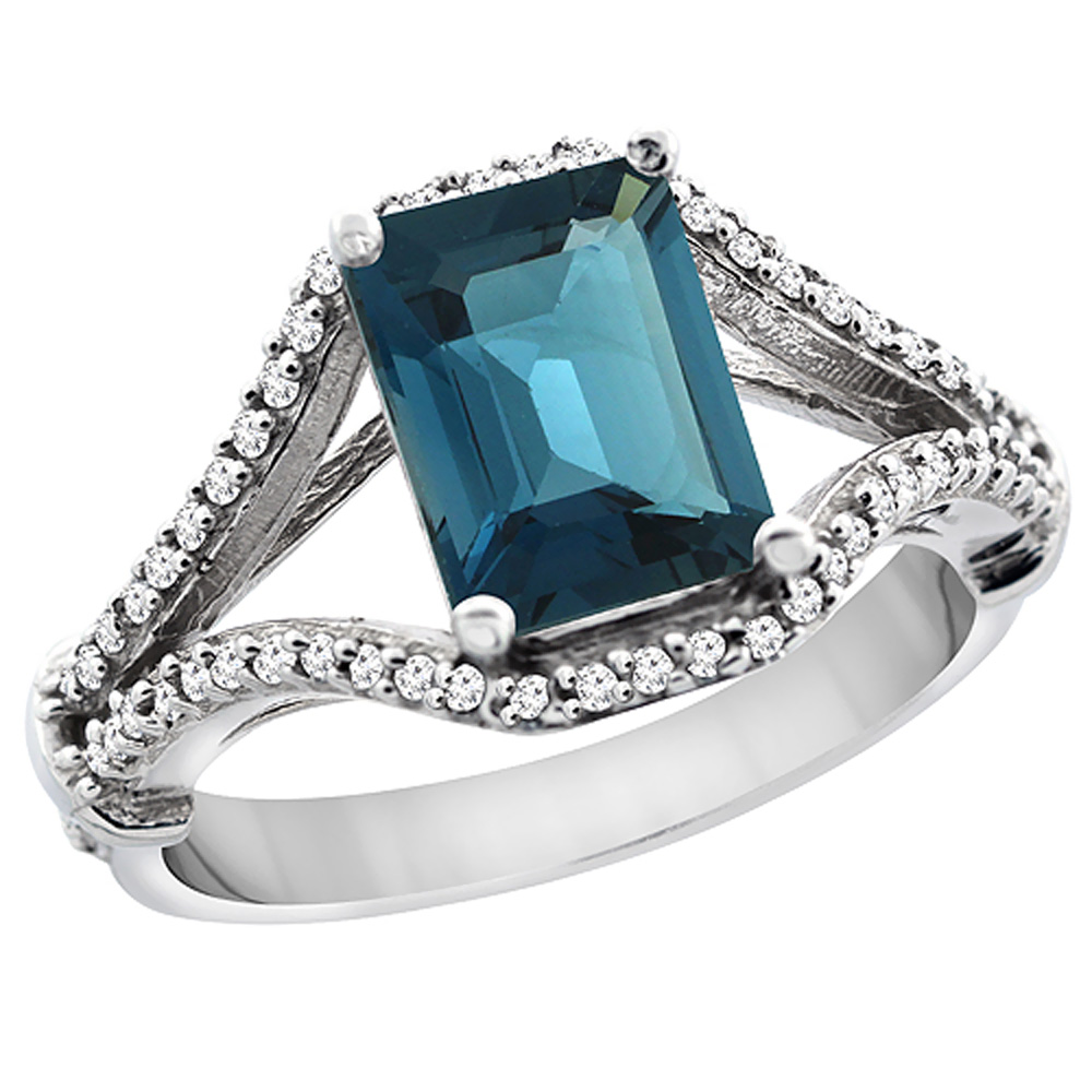14K White Gold Natural London Blue Topaz Ring Octagon 8x6 mm with Diamond Accents, sizes 5 - 10