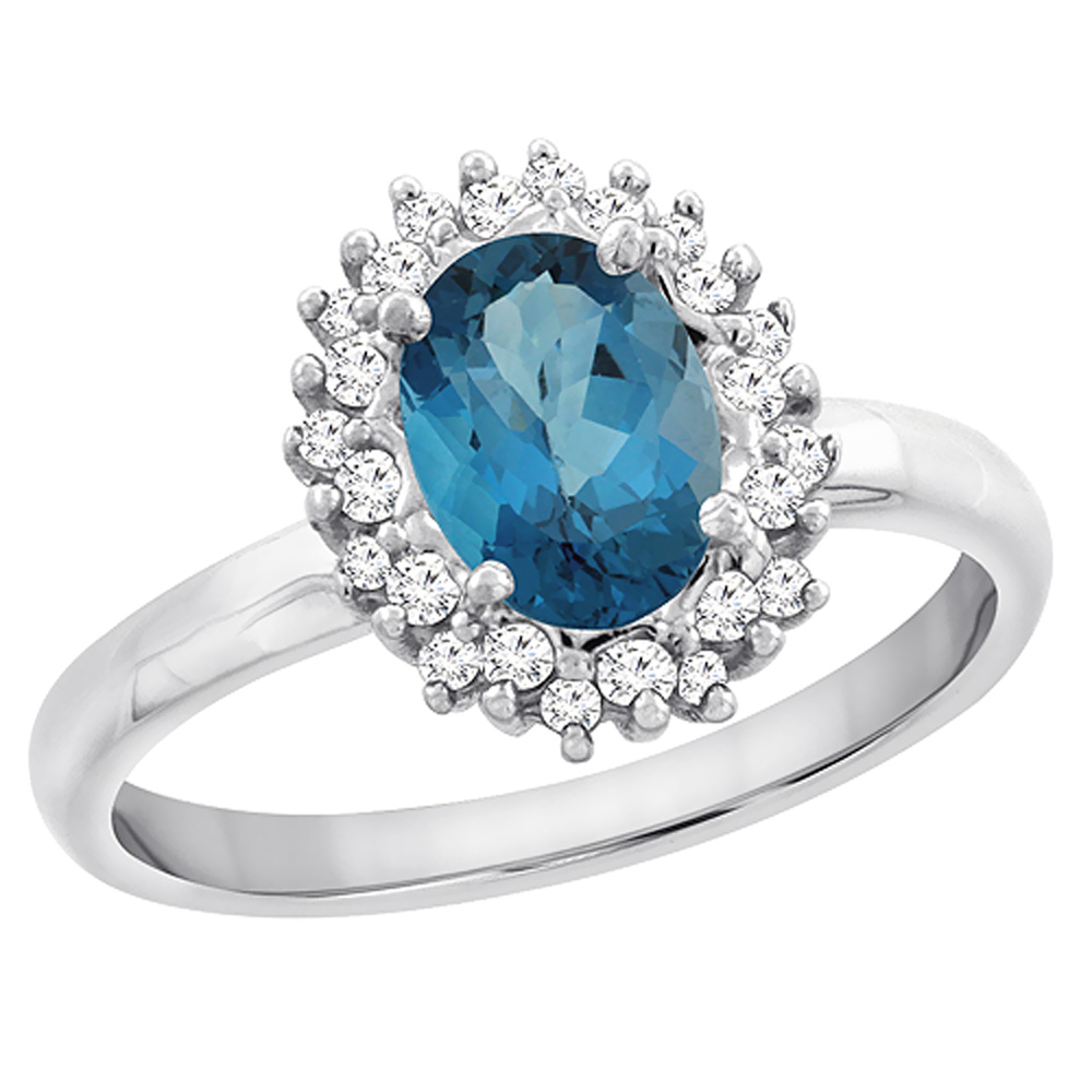 10K White Gold Diamond Natural London Blue Topaz Engagement Ring Oval 7x5mm, sizes 5 - 10
