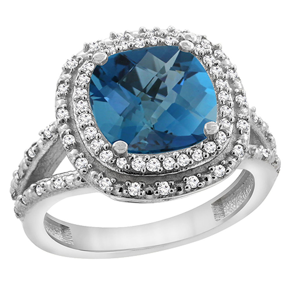 10K White Gold Natural London Blue Topaz Ring Cushion 8x8 mm with Diamond Accents, sizes 5 - 10