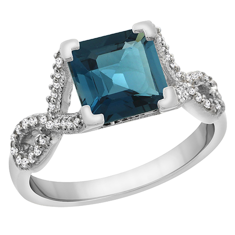 14K White Gold Natural London Blue Topaz Ring Square 7x7 mm Diamond Accents, sizes 5 to 10