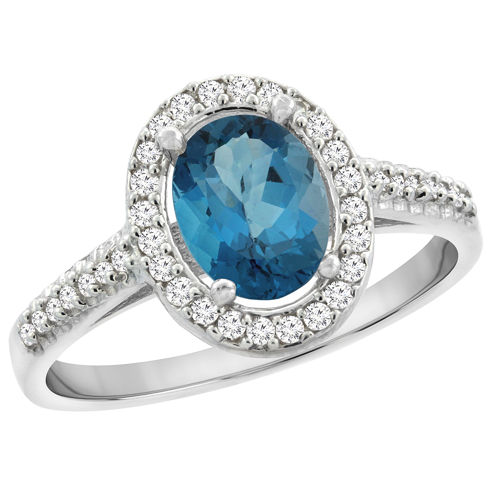 14K White Gold Natural London Blue Topaz Engagement Ring Oval 7x5 mm Diamond Halo, sizes 5 - 10