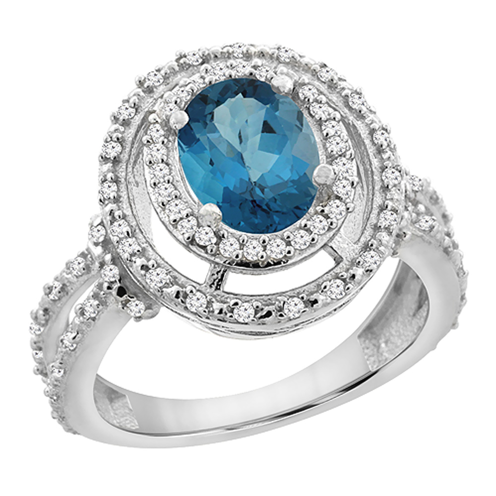 10K White Gold Natural London Blue Topaz Ring Oval 8x6 mm Double Halo Diamond, sizes 5 - 10