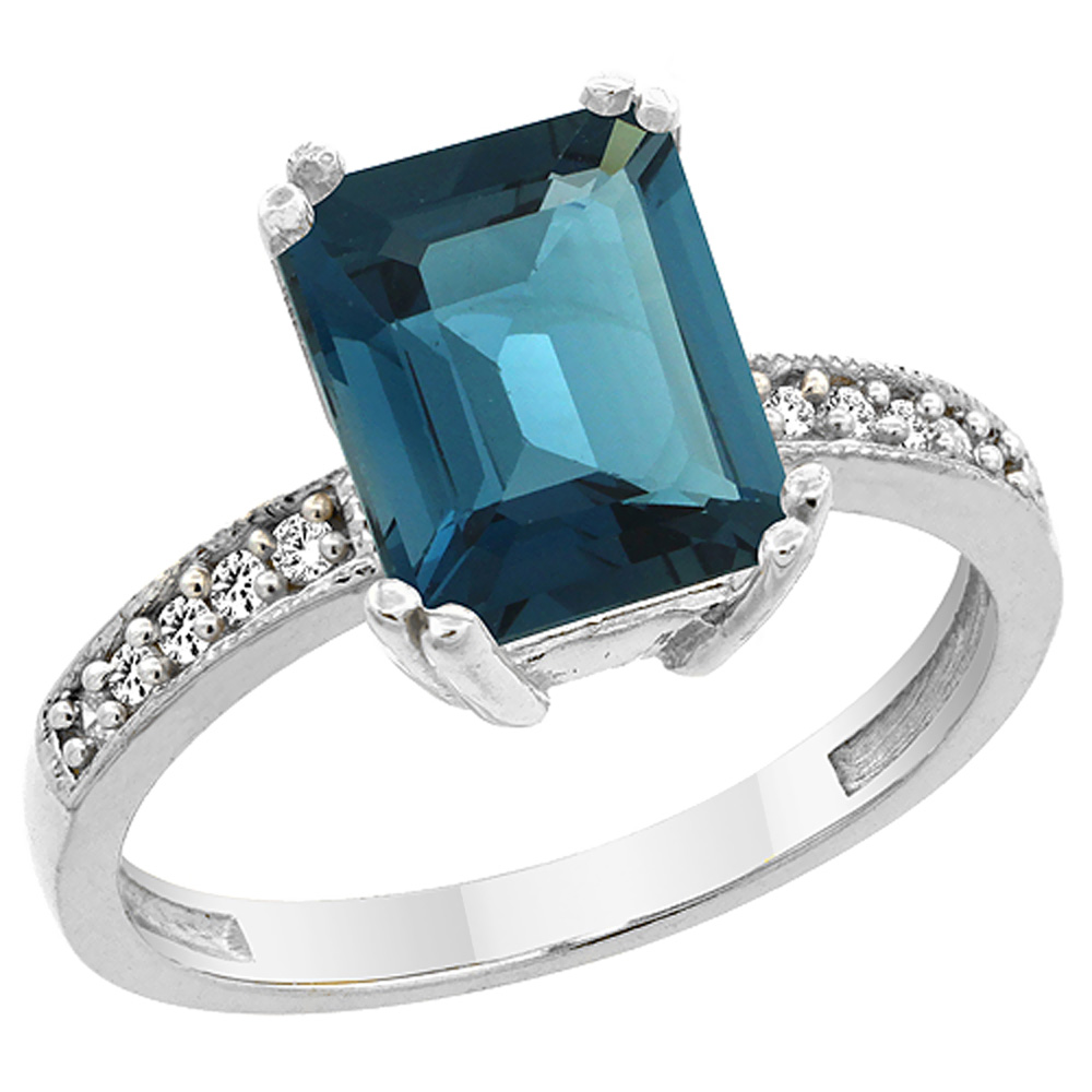 10K White Gold Natural London Blue Topaz Ring Octagon 10x8mm Diamond Accent, sizes 5 to 10