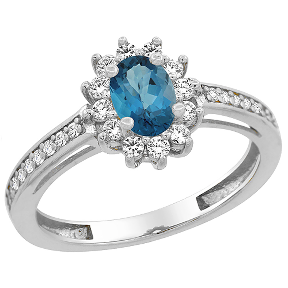 14K White Gold Natural London Blue Topaz Flower Halo Ring Oval 6x4mm Diamond Accents, sizes 5 - 10