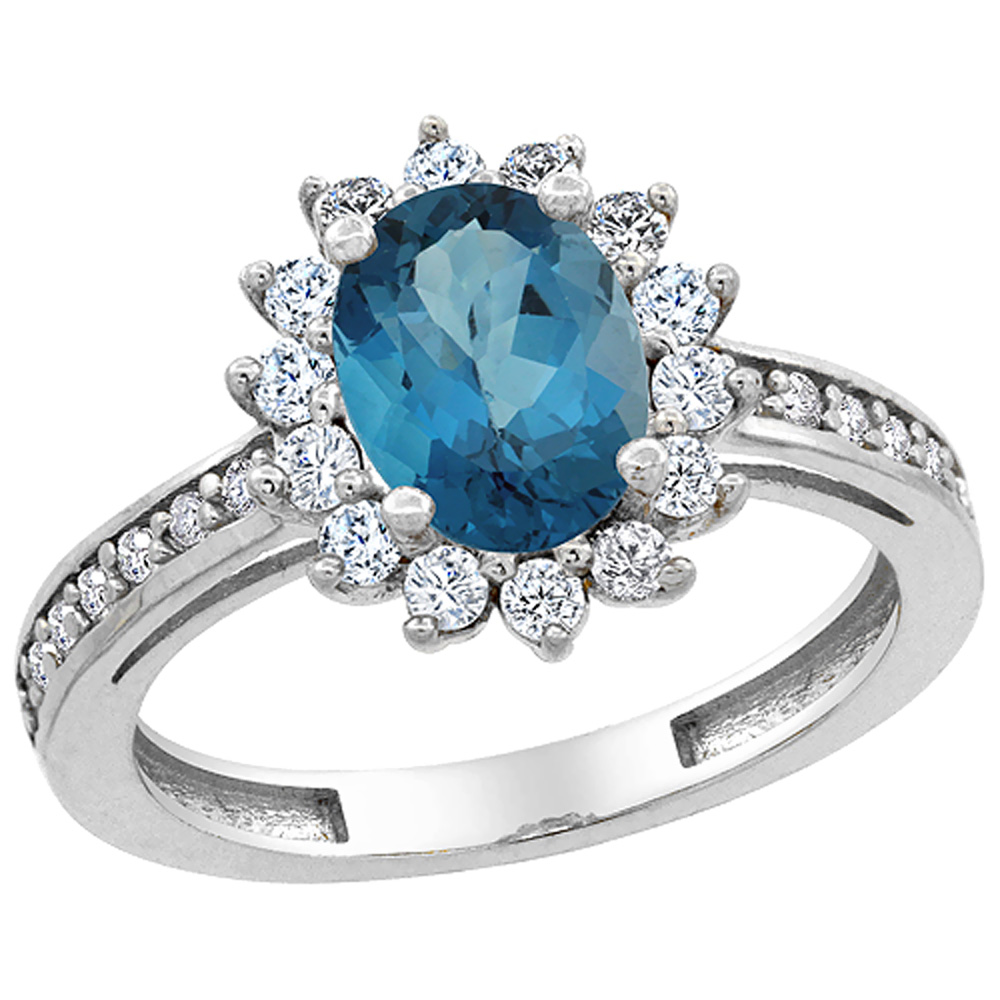 10K White Gold Natural London Blue Topaz Floral Halo Ring Oval 8x6mm Diamond Accents, sizes 5 - 10