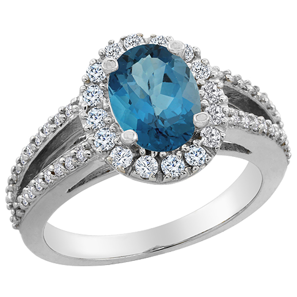 14K White Gold Natural London Blue Topaz Halo Ring Oval 8x6 mm with Diamond Accents, sizes 5 - 10