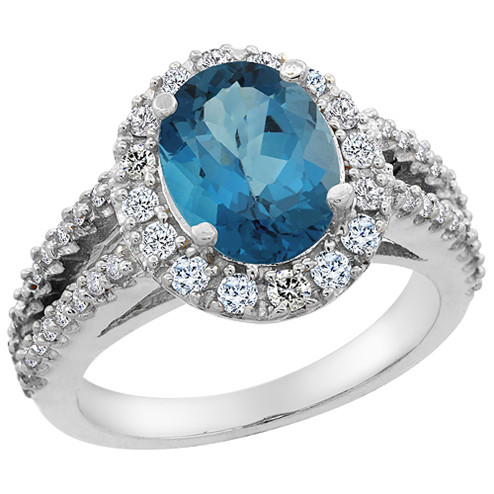 10K White Gold Diamond Natural London Blue Topaz Engagement Ring Oval 10x8mm, sizes 5-10