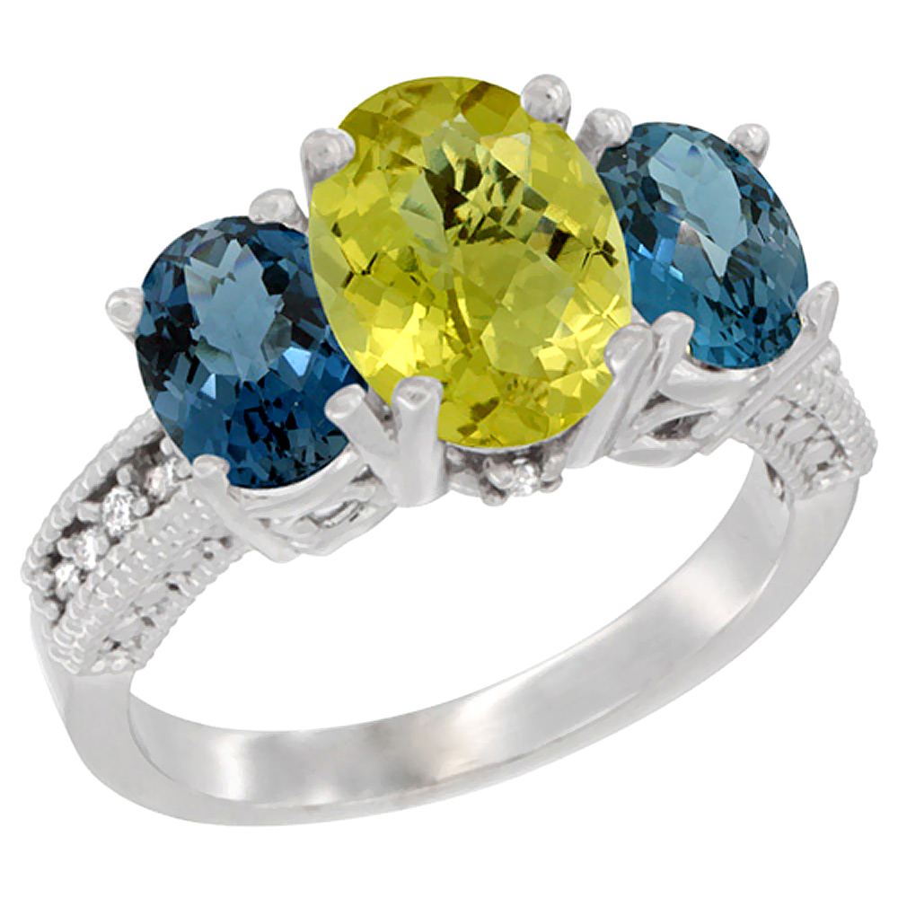 10K White Gold Diamond Natural Lemon Quartz Ring 3-Stone Oval 8x6mm with London Blue Topaz, sizes5-10