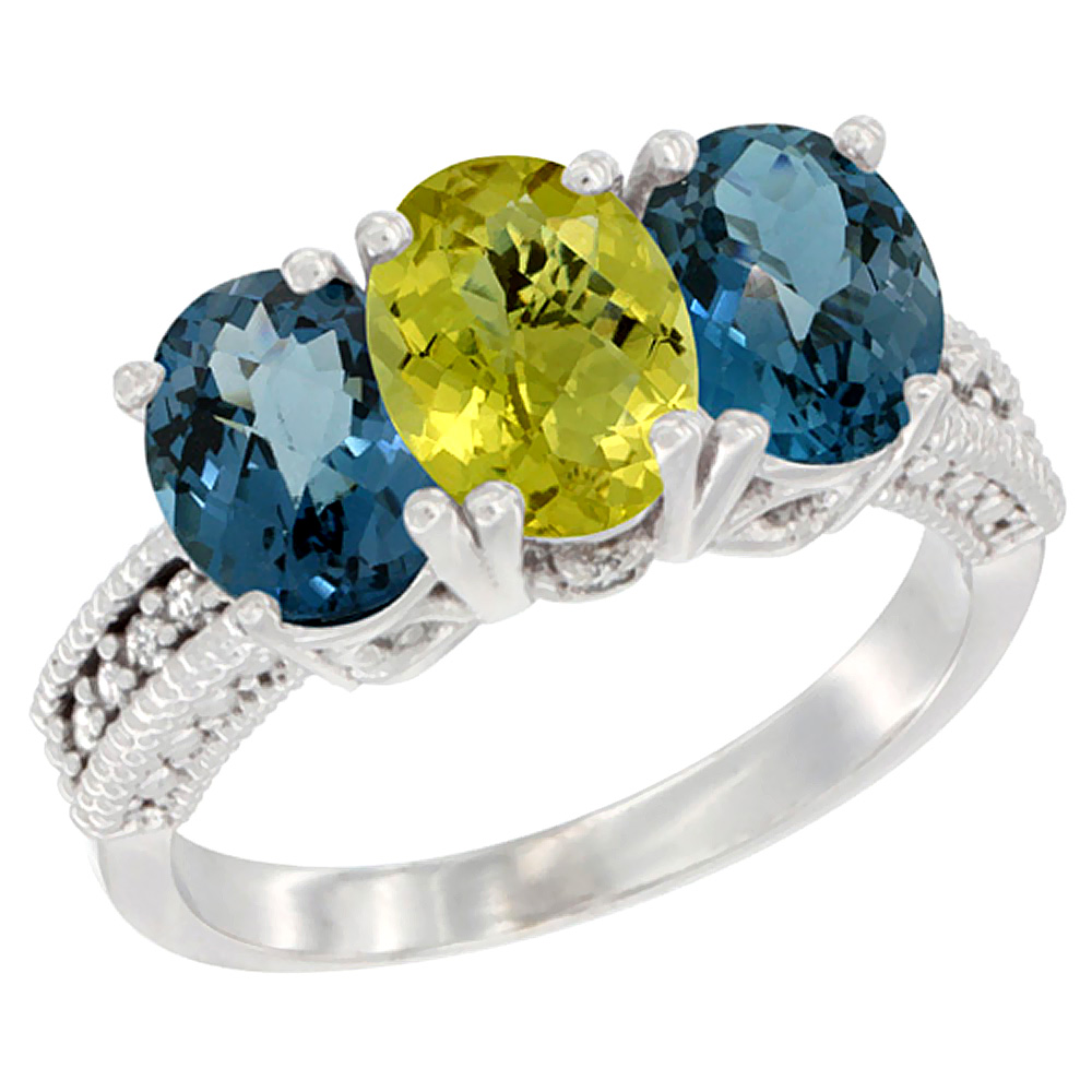 14K White Gold Natural Lemon Quartz & London Blue Topaz Sides Ring 3-Stone 7x5 mm Oval Diamond Accent, sizes 5 - 10