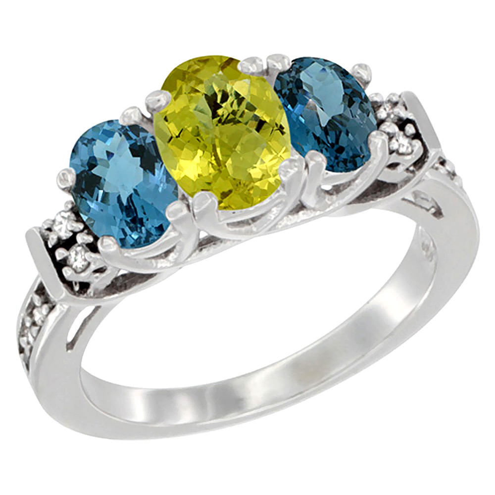 14K White Gold Natural Lemon Quartz &amp; London Blue Ring 3-Stone Oval Diamond Accent, sizes 5-10