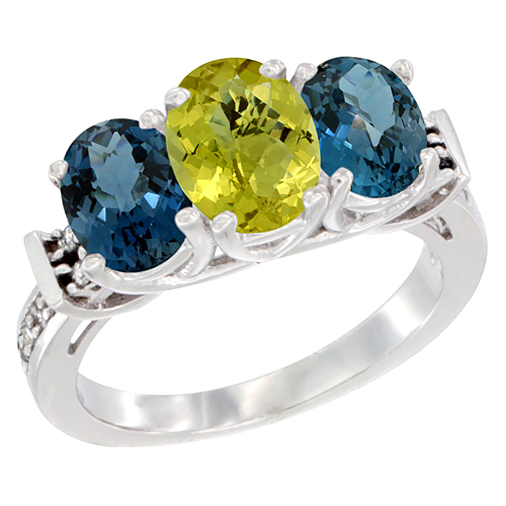 10K White Gold Natural Lemon Quartz & London Blue Topaz Sides Ring 3-Stone Oval Diamond Accent, sizes 5 - 10