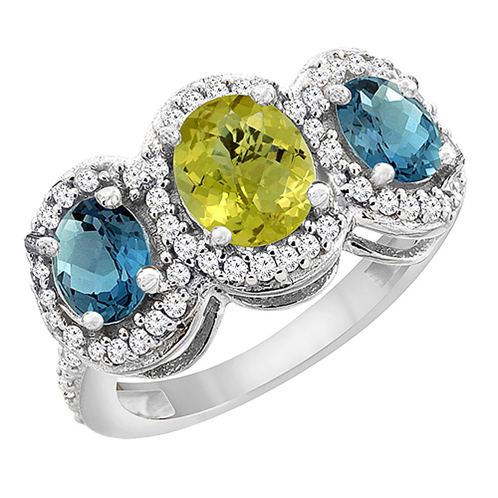 14K White Gold Natural Lemon Quartz & London Blue Topaz 3-Stone Ring Oval Diamond Accent, sizes 5 - 10
