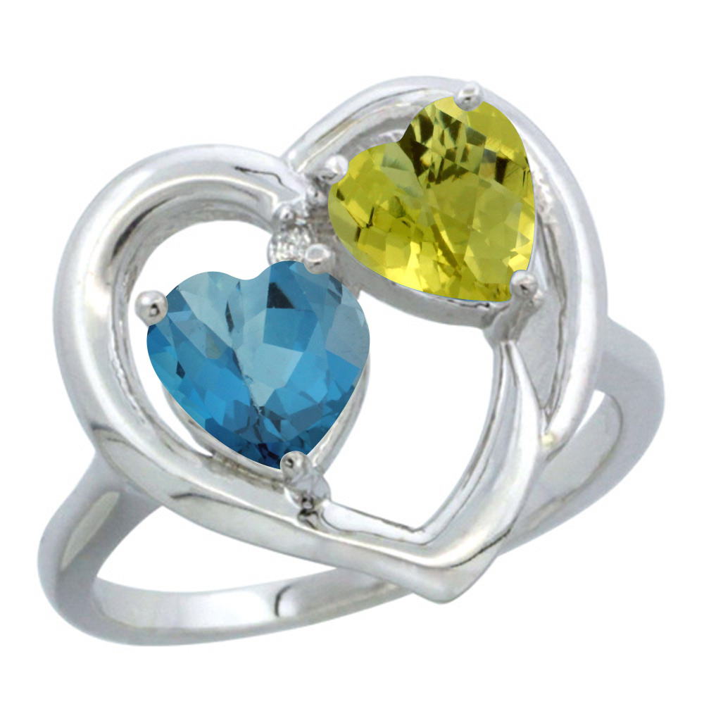 10K White Gold Diamond Two-stone Heart Ring 6mm Natural London Blue Topaz &amp; Lemon Quartz, sizes 5-10