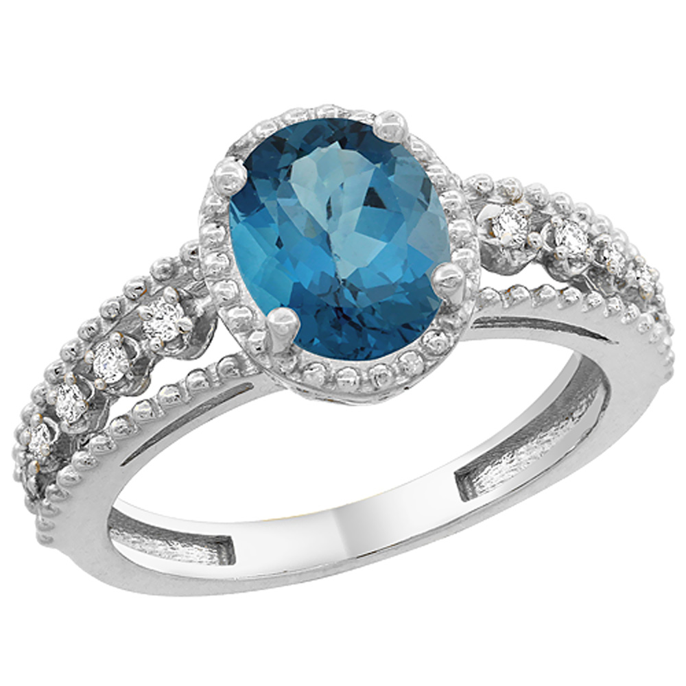 10K White Gold Natural London Blue Topaz Ring Oval 9x7 mm Floating Diamond Accents, sizes 5 - 10