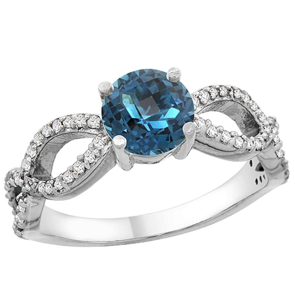 14K White Gold Natural London Blue Topaz Ring Round 6mm Infinity Diamond Accents, sizes 5 - 10
