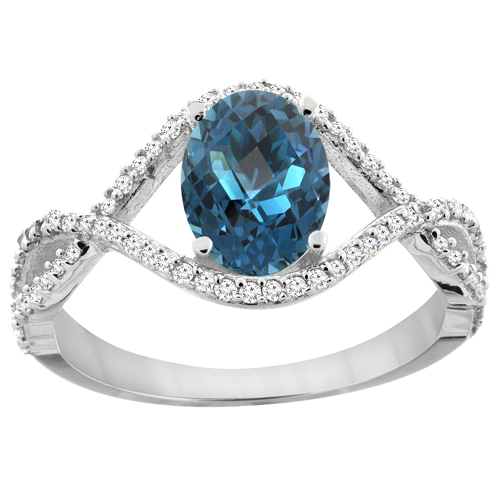14K White Gold Natural London Blue Topaz Ring Oval 8x6 mm Infinity Diamond Accents, sizes 5 - 10