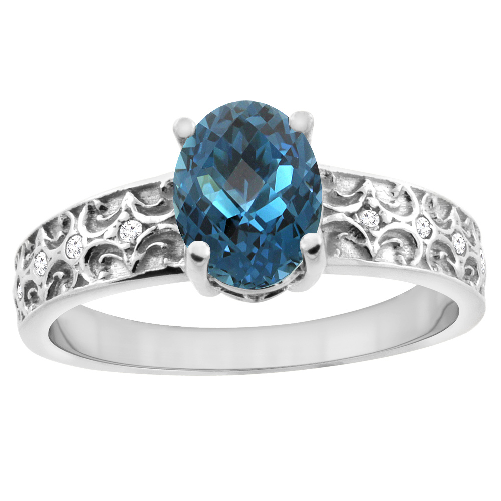 14K White Gold Natural London Blue Topaz Ring Oval 8x6 mm Diamond Accents, sizes 5 - 10