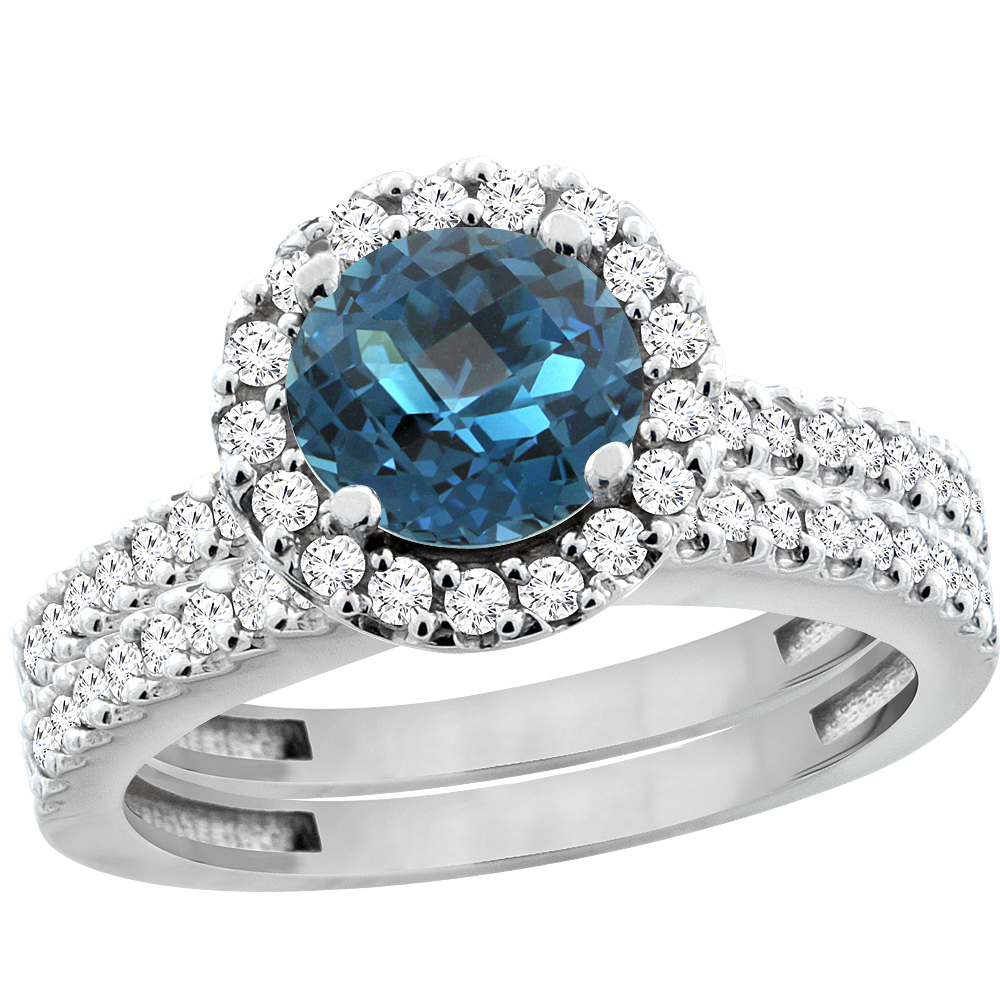 14K White Gold Natural London Blue Topaz Round 6mm 2-Piece Engagement Ring Set Floating Halo Diamond, sizes 5 - 10