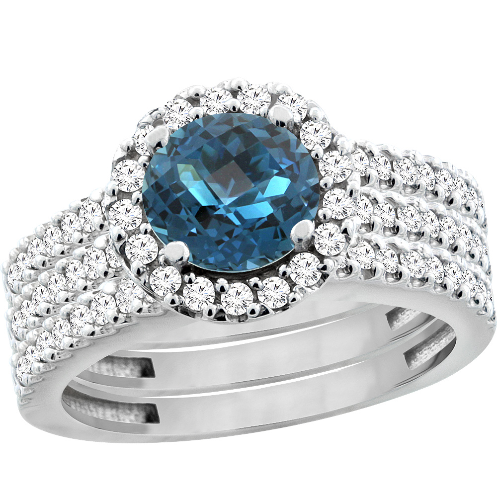 14K White Gold Natural London Blue Topaz 3-Piece Bridal Ring Set Round 6mm Halo Diamond, sizes 5 - 10
