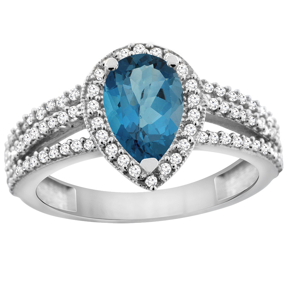 14K White Gold Natural London Blue Topaz Ring 9x7 Pear Halo Diamond, sizes 5 - 10