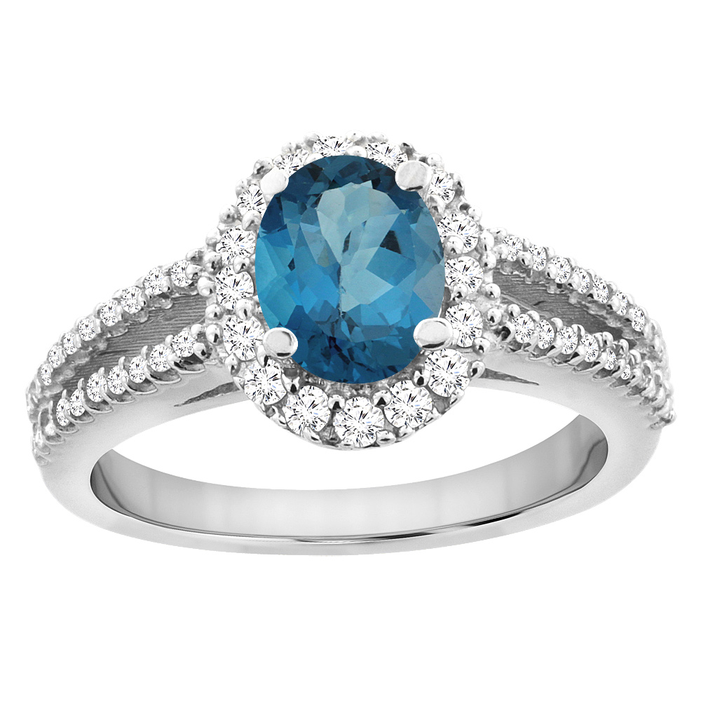 10K White Gold Natural London Blue Topaz Split Shank Halo Engagement Ring Oval 7x5 mm, sizes 5 - 10