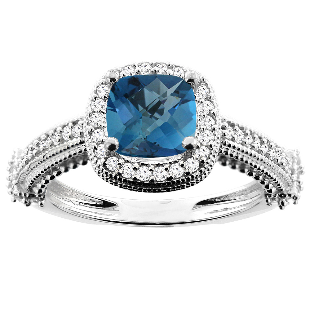 10K White/Yellow/Rose Gold Natural London Blue Topaz Ring Cushion 7x7mm Diamond Accent, size 5