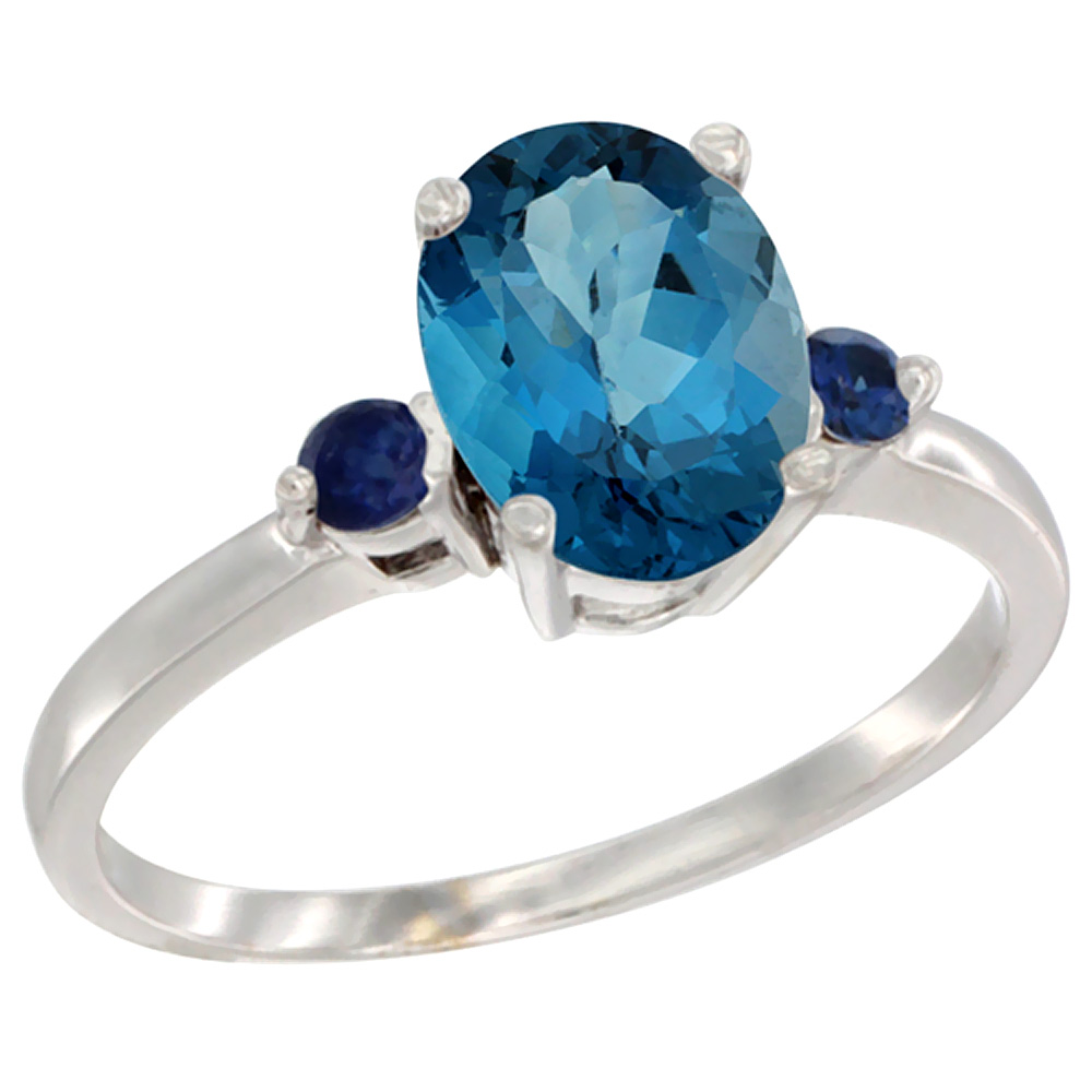 14K White Gold Natural London Blue Topaz Ring Oval 9x7 mm Blue Sapphire Accent, sizes 5 to 10