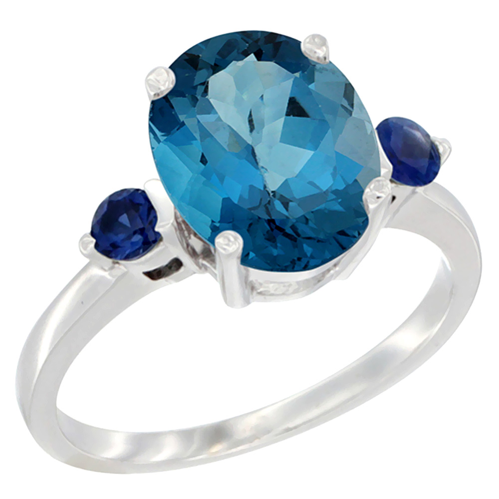 10K White Gold 10x8mm Oval Natural London Blue Topaz Ring for Women Blue Sapphire Side-stones sizes 5 - 10