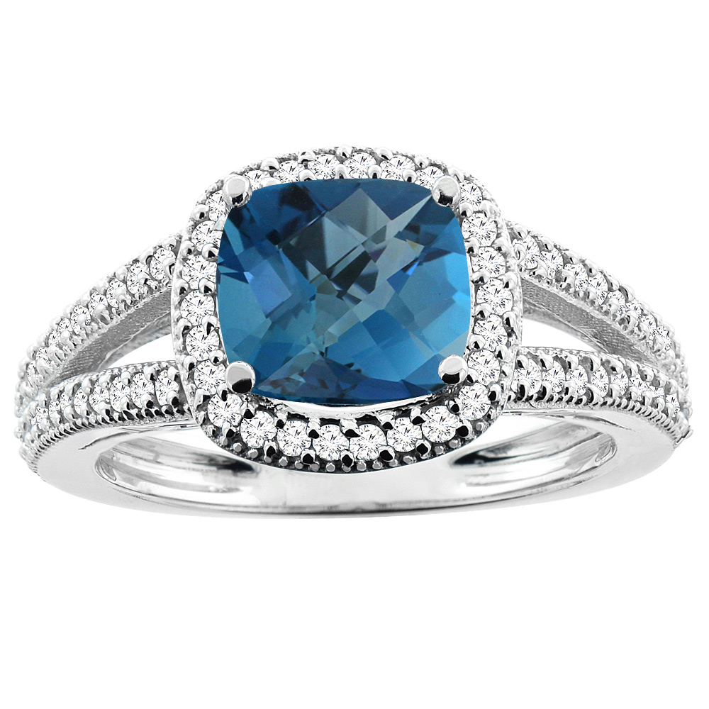 14K White Gold Natural London Blue Topaz Ring Cushion 7x7mm Diamond Accent 3/8 inch wide, sizes 5 - 10