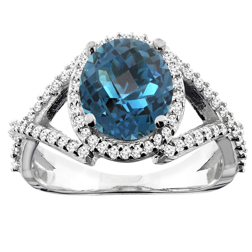 10K White/Yellow/Rose Gold Natural London Blue Topaz Ring Oval 9x7mm Diamond Accent, sizes 5 - 10