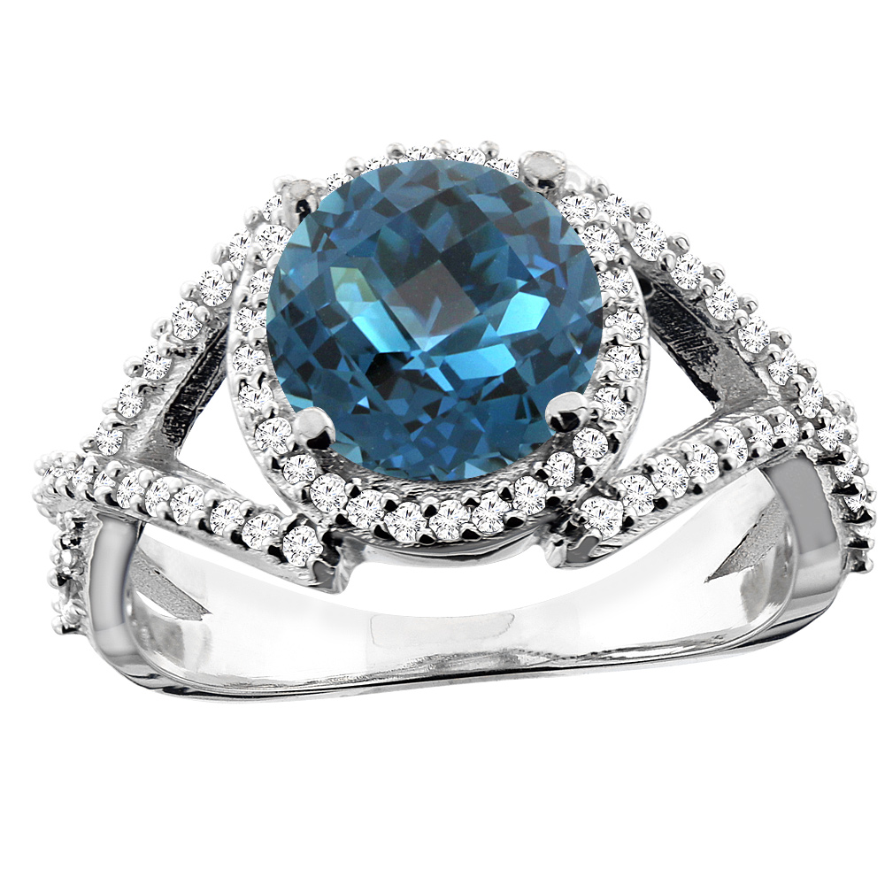 14K White/Yellow/Rose Gold Natural London Blue Topaz Ring Round 8mm Diamond Accent, sizes 5 - 10