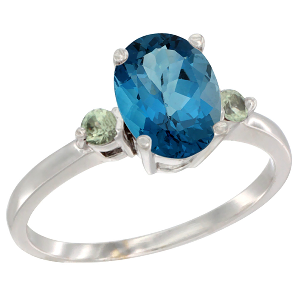 14K White Gold Natural London Blue Topaz Ring Oval 9x7 mm Green Sapphire Accent, sizes 5 to 10