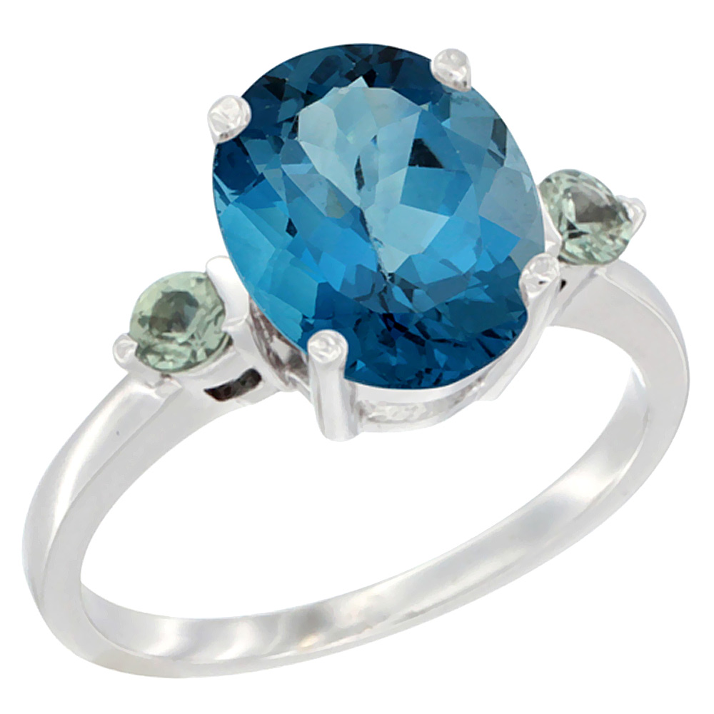 14K White Gold 10x8mm Oval Natural London Blue Topaz Ring for Women Green Sapphire Side-stones sizes 5 - 10