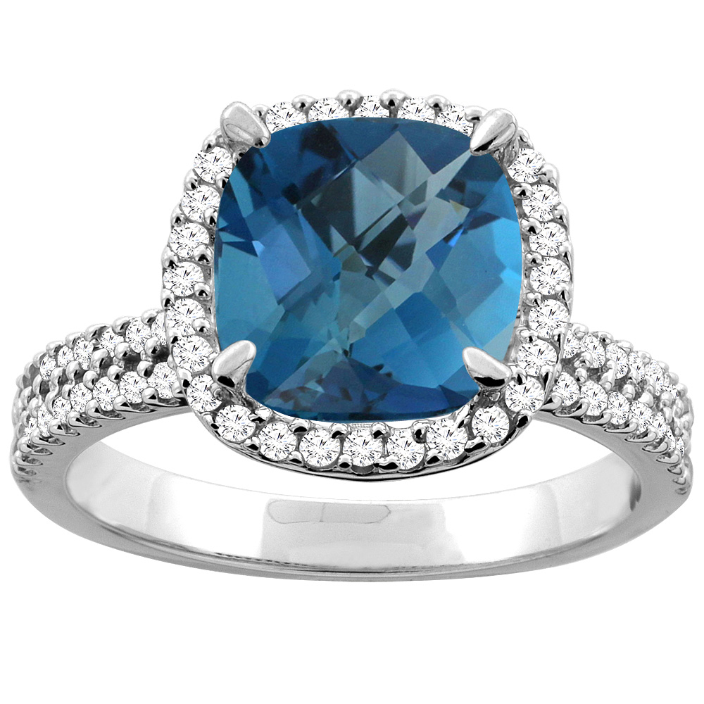 14K Yellow Gold Natural London Blue Topaz Halo Ring Cushion 9x9mm Diamond Accent, sizes 5 - 10