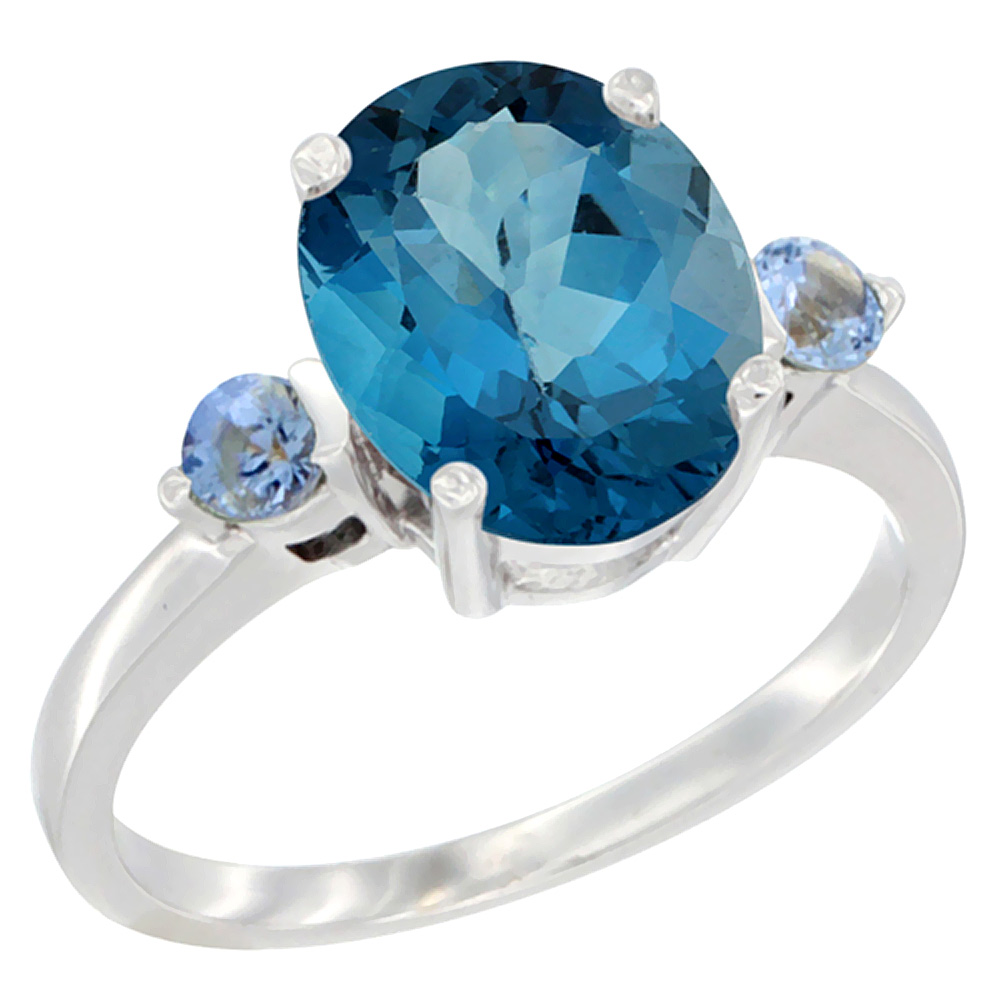 14K White Gold 10x8mm Oval Natural London Blue Topaz Ring for Women Light Blue Sapphire Side-stones sizes 5 - 10