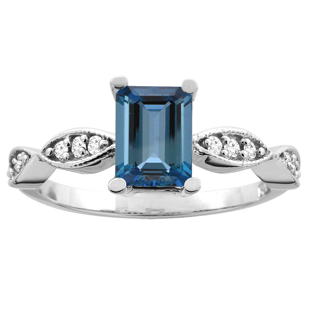 14K White/Yellow Gold Natural London Blue Topaz Ring Octagon 7x5mm Diamond Accents, sizes 5 -10