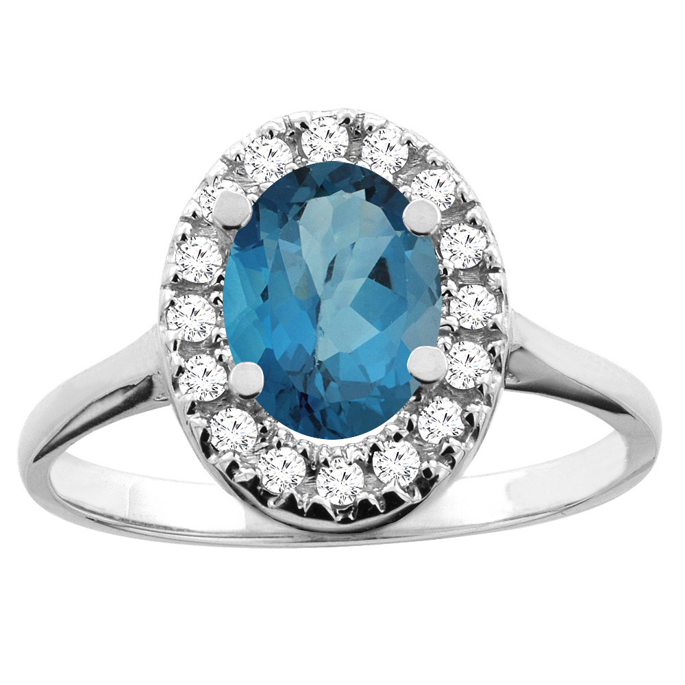 10K White/Yellow Gold Natural London Blue Topaz Ring Oval 8x6mm Diamond Accent, sizes 5 - 10
