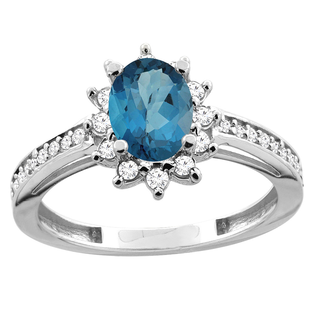 14K White/Yellow Gold Diamond Natural London Blue Topaz Floral Halo Engagement Ring Oval 7x5mm, sizes 5 - 10