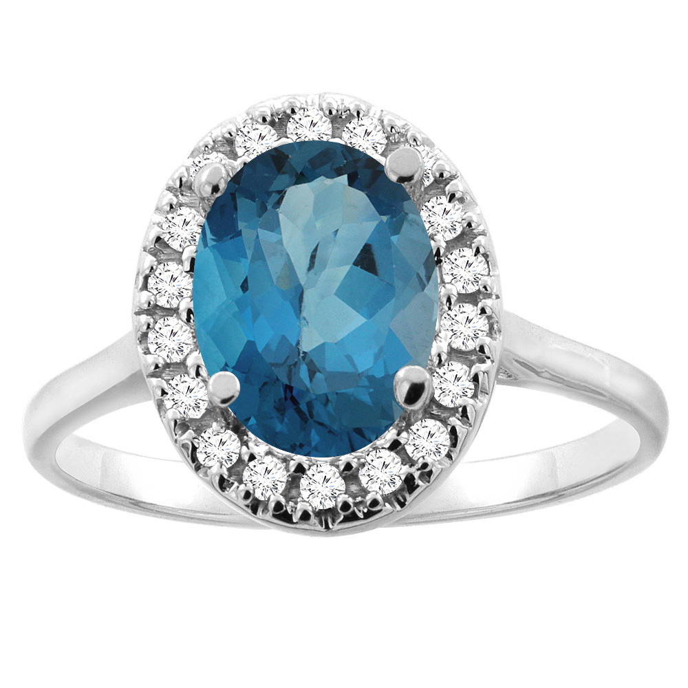 14K Gold Natural London Blue Topaz Halo Ring Oval 9x7mm Diamond Accent, sizes 5 - 10
