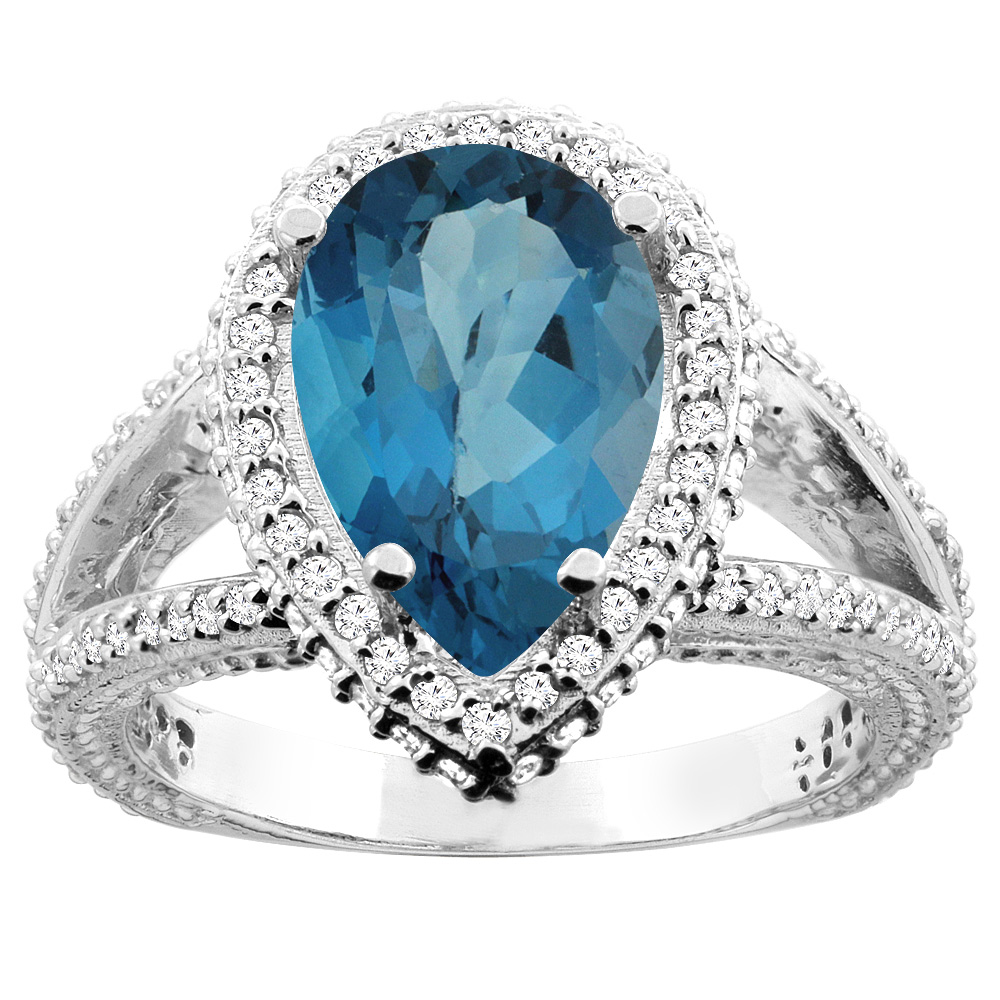 10K White/Yellow Gold Natural London Blue Topaz Halo Ring Pear 12x8mm Diamond Accents, sizes 5 - 10