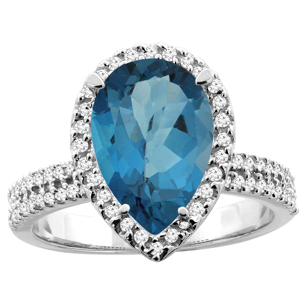 10K White/Yellow Gold Natural London Blue Topaz Ring Pear 12x8mm Diamond Accents, sizes 5 - 10