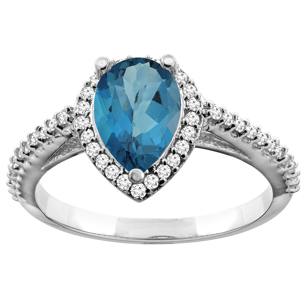 10K White Gold Natural London Blue Topaz Ring Pear 9x7mm Diamond Accents, sizes 5 - 10