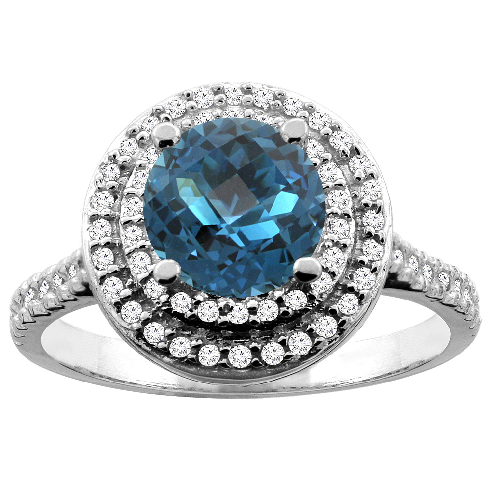 14K White/Yellow Gold Natural London Blue Topaz Double Halo Ring Round 7mm Diamond Accent, sizes 5 - 10